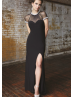 Short Sleeves Illusion Tulle Neckline Keyhole Jersey Slit Evening Dress 